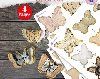 May include: A set of layered butterfly paper cutouts featuring vintage-style prints, script text, and botanical illustrations. The collection includes 4 pages of designs with various wing patterns in neutral tones, black, and white, intended for crafting.