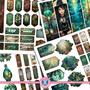 Green Witch Junk Journal Kit, Spell Book, Collage, Printable, Fantasy Kit, Pocket Tags, Stamps, Nature, Paper, Envelopes, Tab Folder, Words image 5
