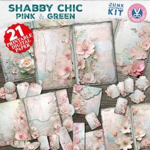 Shabby Chic Junk Journal Kit, Lesezeichen, Umschlag, Journal Seiten, Folio Tags, Ephemera, Shabby Chic Printables, Rosa Grün, Digital Download