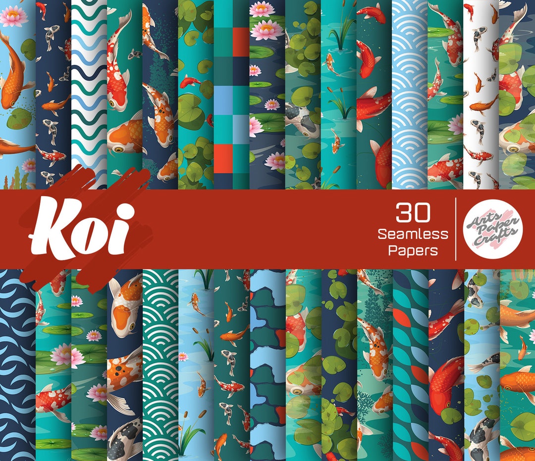 Koi Fish Digital Papers Set Japanese Art Background Lotus Koi Seamless