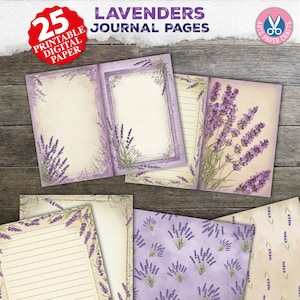May include: Digital paper journal pages with lavender illustrations. The pages feature a vintage aesthetic with lavender sprigs and floral accents. The text on the image reads "LAVENDERS JOURNAL PAGES" and "25 PRINTABLE DIGITAL PAPER".