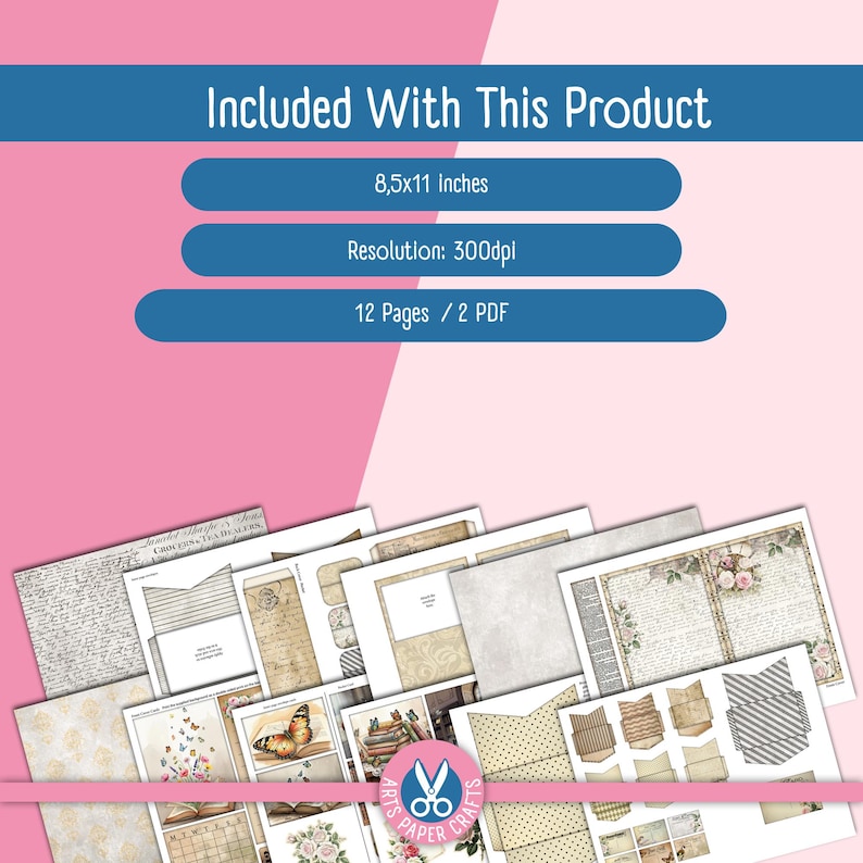 May include: A collection of vintage-style scrapbook paper sheets with floral, butterfly, and text designs. The set includes 12 pages, each 8.5x11 inches, with a resolution of 300dpi. The image also includes the text "Included With This Product".