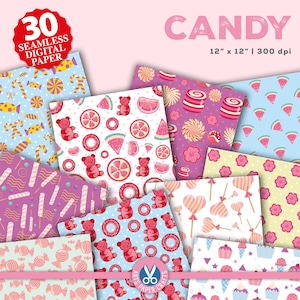 Op de afbeelding: 30 digitale papieren met snoepthema's. De papieren bevatten verschillende patronen, waaronder snoepstokken, lollies, gummyberen, donuts, watermeloenplakjes en cupcakes. De papieren zijn 30,48 cm bij 30,48 cm en 300 dpi.