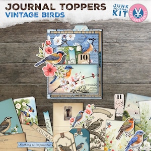 Diário de pássaros vintage, capas de diário, pasta com abas, fólio, itens efêmeros, neutro, capa de diário, etiquetas de bolso, download digital, para impressão