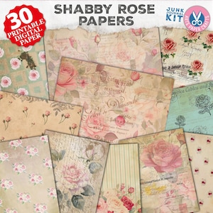Papiers roses défraîchies, papiers botaniste minables, fleurs, rose, vert, imprimable, téléchargement numérique, papiers de remplissage, papiers numériques floraux