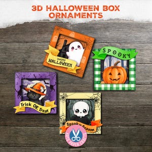 3D Halloween Schattenbox, Ornamente, Handwerk, Dekoration, DIY, Party Boxen, Junk Journal, Kürbis, Katzengeist für Halloween, Digital