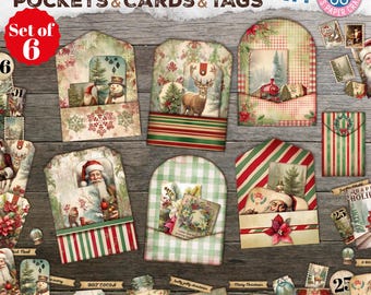 Christmas Pocket Tags Cards, Christmas Junk Journal Kit, Printable, Loaded Christmas Tags, Junk Journal Supply, Digital Download, Gift