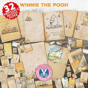 Winnie The Pooh, Scrapbook Kit, Junk Journal Kit, Little Boy, Baby Girl Child, Children's Papers, Printable Digital Download, Embellishments
