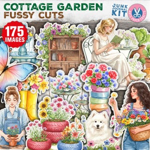 Cottage Garden Fussy Cuts, carta da giornale riciclata, adesivi, planner, download digitale stampabile, foglio collage, animali, fiori, natura, uccelli