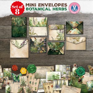 Könnte beinhalten: Set mit acht Mini-Umschlägen mit botanischen Kräutermotiven. Die Umschläge zeigen verschiedene Aquarellillustrationen von Kräutern und Blumen. Das Bild enthält auch Postkarten, Wachssiegel und andere Papierbastelarbeiten.