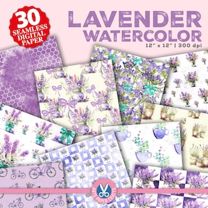 Carte digitali color lavanda acquerellate - Sfondo lavanda - Motivo senza soluzione di continuità alla lavanda - Fiori - Carta per scrapbooking - Kit diario floreale