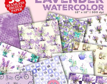 Watercolor Lavender Digital Papers - Lavender Background - Lavender Seamless Pattern - Flowers - Scrapbook Paper - Floral Junk Journal Kit