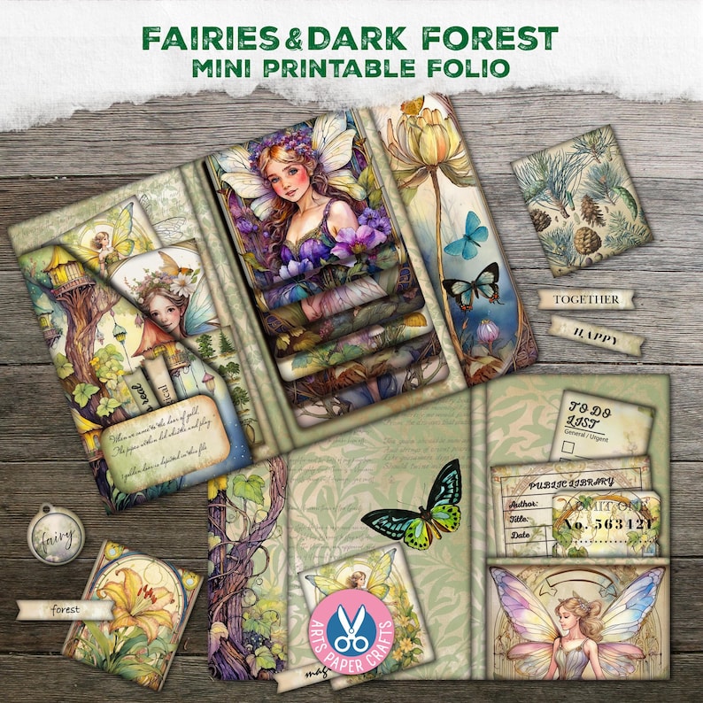 Feer skräpjournalkit, mörk skogsälva mini utskrivbar foliomapp, natur, present, bibliotekskort, efemera, digital nedladdning, fjäril bild 1