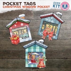 Christmas Window Pocket Tags, Junk Journal, Printable, Vintage Holiday Ephemera, Junk Journal, Card Pocket, Tab Folder, Gift, Loaded Tags