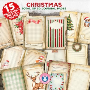 Classic Christmas Scrappy Papers, Backing, Shabby Lined Junk Journal Double Pages, Holiday, Winter, Gift, Craft, Printable, Digital Download