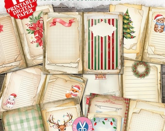 May include: A collection of 15 printable digital paper sheets featuring 30 Christmas-themed journal pages. The designs include vintage-style paper with illustrations of poinsettias, a Christmas tree, a teddy bear, a fox, a rabbit, and a deer.