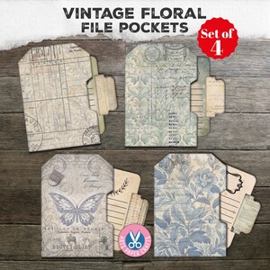 Diario basura, etiquetas de bolsillo para archivos, efímeras, mariposas, azul desgastado, neutro, grunge descolorido, flores florales, etiquetas de bolsillo, tarjetas para cuadernos