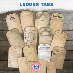 Vintage Ledger Tags, Junk Journal Embellishment, Ephemera, Guest Check, Printable, Gift, Tags, Neutral, Digital Ki, Download, Paper