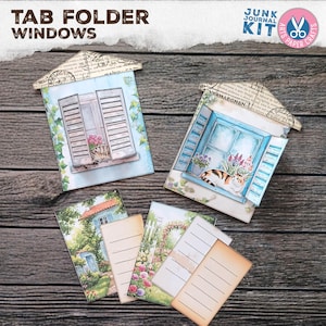 Bolsillos para tarjetas con ventana, carpeta con solapas, estilo desgastado, kit de diario basura, vintage, regalo, recortes florales, descarga digital, etiquetas con carga, rústico, azul