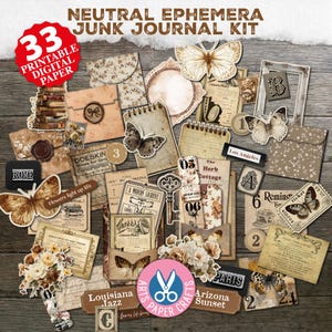 Könnte beinhalten: Eine Sammlung von neutral gefärbten Ephemera für Junk-Journals, darunter Papierephemera, Schmetterlingsaufkleber, Etiketten und Umschläge. Das Set enthält den Text "33 Printable Digital Paper". Die Artikel sind auf einer Holzoberfläche angeordnet.