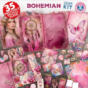 Kit de diario basura bohemio, efímera imprimible, rosa, bolsillos digitales, sobres, flores de verano, efímera imprimible, página de diario basura de ensueño