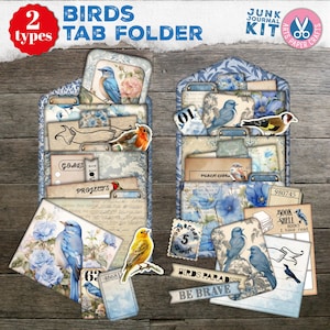 Pastas de abas de pássaros vintage, etiquetas de bolso, script surrado, diário de lixo, bilhete de itens efêmeros de bolso, kit digital, carimbo, cartão de biblioteca, azul neutro