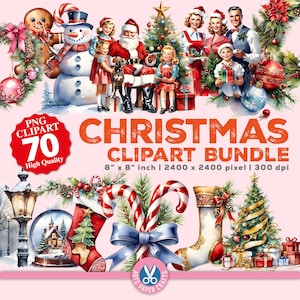 70 Bundle de cliparts Noël aquarelle - Clipart Noël - Noël Png - téléchargement immédiat - scrapbooking Noël - usage Commercial