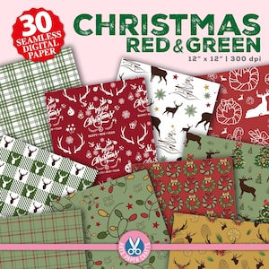 Rood groen kerst digitale papierset - kerstachtergrond - naadloze kerstpatroon - kerstpagina's - kerstplakboekpapier