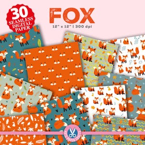 Ensemble de papiers numériques renard - fond vert orange - modèle sans couture renard - téléchargement immédiat - papier de scrapbooking automne
