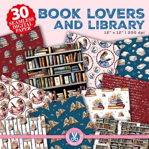 Set di documenti digitali per amanti dei libri e biblioteca - Amanti dei libri e sfondo della biblioteca - Modello senza cuciture per libri - Download istantaneo - Uso commerciale