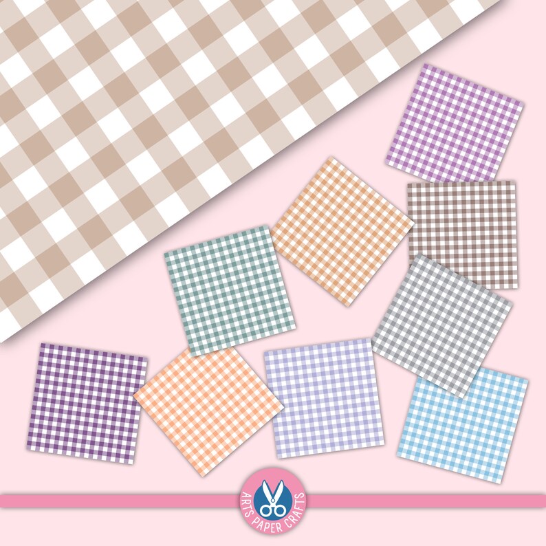 May include: Nine different gingham patterns in various colours, including purple, orange, blue, and grey, on a pink background. The patterns are arranged in a grid-like formation.