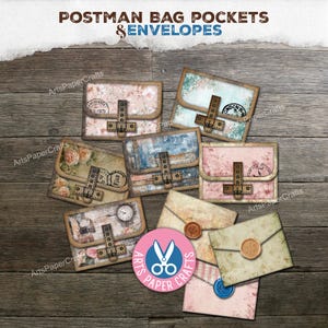 May include: An assortment of vintage-style postman bag pockets and envelopes. The pockets feature floral and distressed designs with metal clasps. The envelopes are sealed with wax stamps. The text "POSTMAN BAG POCKETS & ENVELOPES" is at the top.