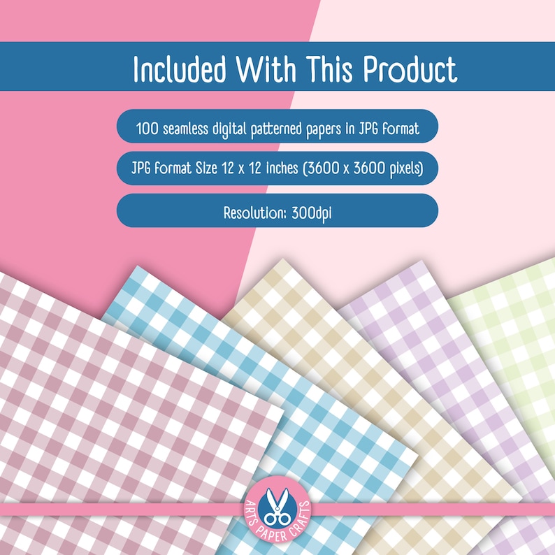 May include: A set of 100 digital patterned papers in a gingham design. The papers are 12 inches by 12 inches and have a resolution of 300 dpi. The papers are in a variety of colours, including pink, blue, beige, purple, and green.