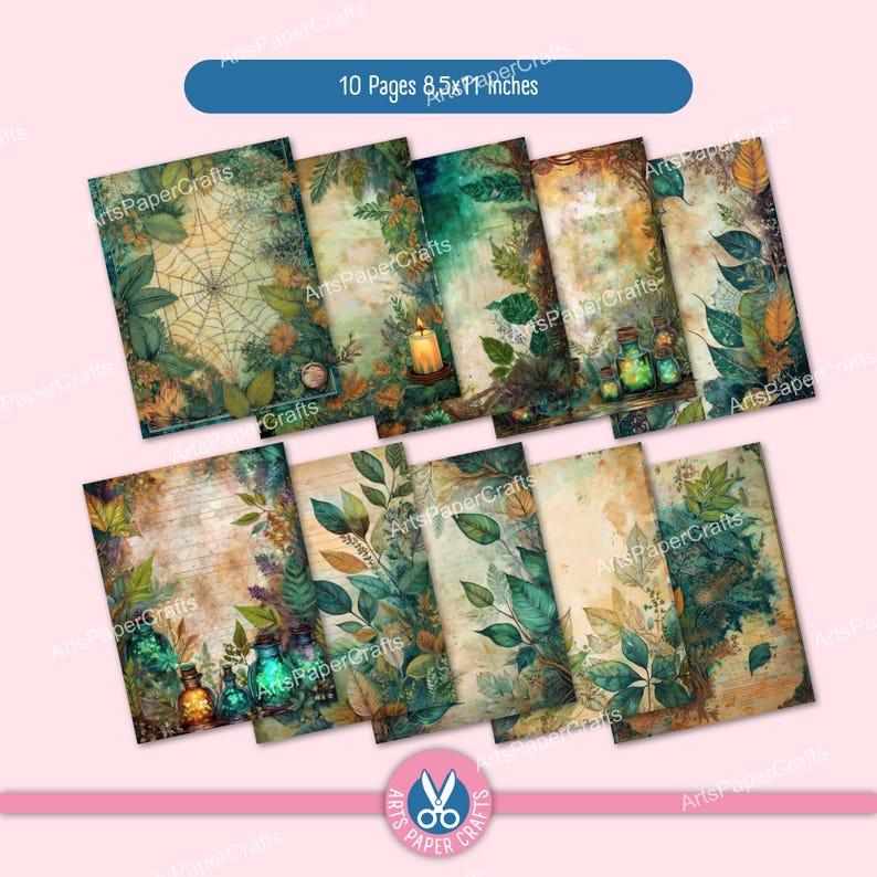 Green Witch Junk Journal Kit, Spell Book, Collage, Printable, Fantasy Kit, Pocket Tags, Stamps, Nature, Paper, Envelopes, Tab Folder, Words image 3