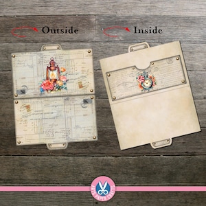 May include: A paper craft folder shown from two perspectives labeled Outside and Inside. The outside features a vintage lantern and floral illustration over script text. The inside shows a pocket with a pocket watch and floral graphic on parchment.