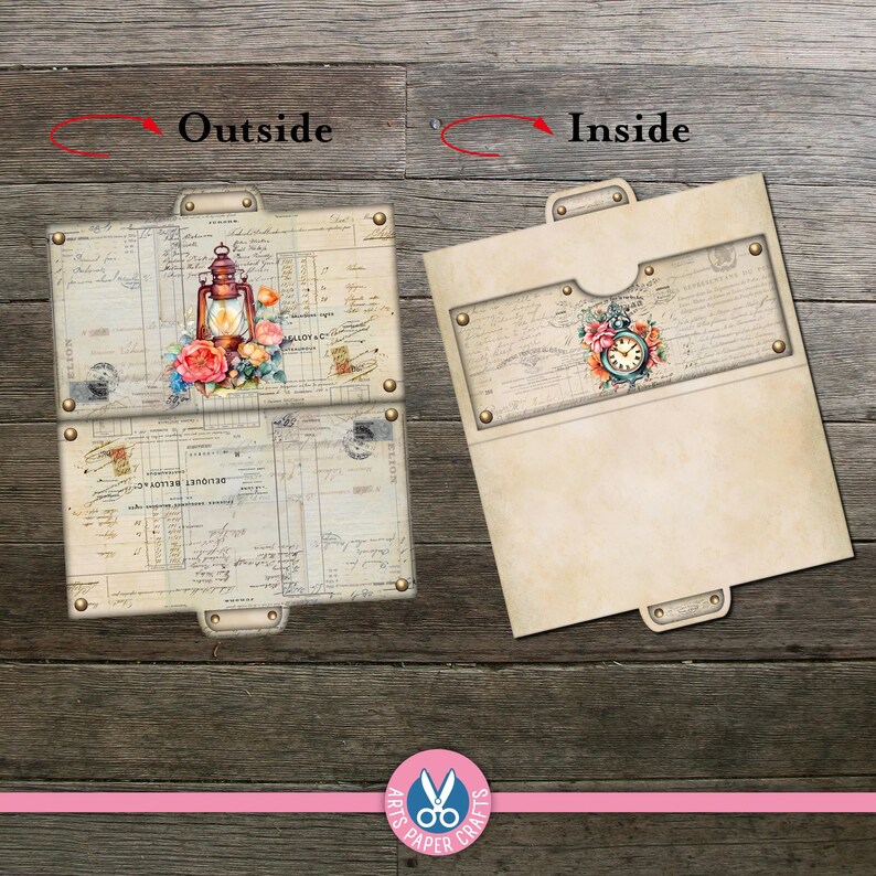 May include: A paper craft folder shown from two perspectives labeled Outside and Inside. The outside features a vintage lantern and floral illustration over script text. The inside shows a pocket with a pocket watch and floral graphic on parchment.
