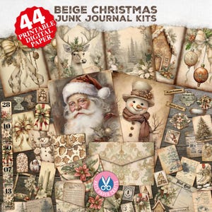 Beige Christmas Junk Journal Kit, Mixed Media Holiday Junk Journal Paper, Printable Christmas Ephemera Folio, Christmas Fussy Cuts, Stamps