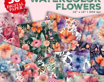 Watercolor Flowers Digital Papers Set - Watercolor Flowers Background - Floral Pattern - Instant Download - Flowers Scrapbook Paper