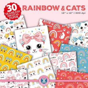 Papiers numériques arc-en-ciel et chats - fête à thème chaton - rose rouge bleu - fond de chat - téléchargement immédiat - motifs sans couture arc-en-ciel et chat