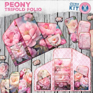 Pfingstrosen Junk Journal Folio, Junk Journal Kit, druckbare Folio Seiten, shabby chic Pfingstrose, Sammelalbum, Ordner, Ephemera digitaler Download, Tags