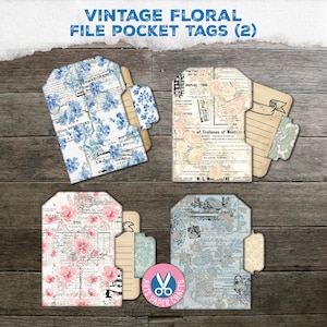Vintage Floral Junk Journal, Notebook Cards, File Pocket Tags Ephemera, Shabby, Roses, Neutral, Faded Grunge, Digital Download Printable