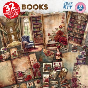 Kit de diario basura de la biblioteca secreta - Diario basura de libros - Efímeras imprimibles - Marcapáginas - Papel digital de libros antiguos - Carpeta digital para amantes de los libros