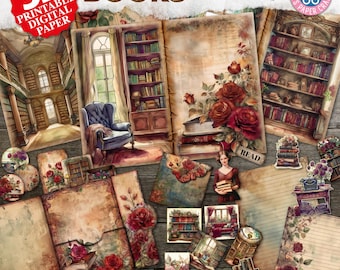 Secret Library Junk Journal Kit - Books Junk Journal - afdrukbare ephemera - bladwijzer - oud boek digitaal papier - digitale map boekenliefhebber