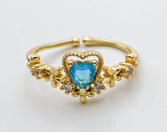 Blue Heart Stone Ring: Adjustable Princess Jewelry with Floral Details