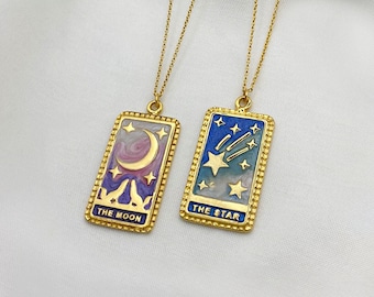 Gold Plated Tarot Card Necklace, Tarot Jewelery, The Moon, The Star, Celestial & Mystic Jewelry, Best Christmas Gifts, Birthday Gifts