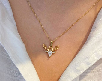 Deer Necklace, Gold Plated Necklace, Dainty Necklace, Minimalist Necklace, Christmas Gifts, Deer Antler, Winter Jewelry, Nature Necklace