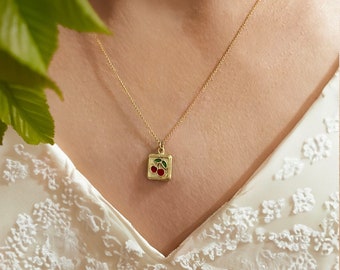Gold Plated Cherry Necklace, Dainty Necklace, Fruit Jewelry, Cherry Pendant, Minimalist Necklace, Cute Jewelry, Birthday Gift, Gift For Her