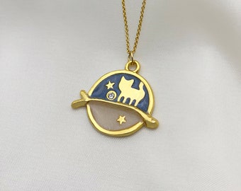 Gold Plated Cat Necklace, Cute Cat Pendant, Celestial Necklace, Moon & Star Necklace, Cat Lovers Gift, Birthday Gift, Christmas Gift