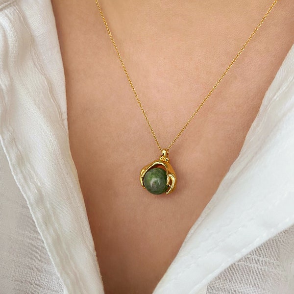 Gold Plated Natural Stone Necklace, Agate Necklace, Bloodstone Necklace, Amethyst Necklace, Mystical Sphere, Christmas Gift, Birthday Gift
