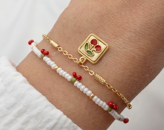 Set di braccialetti con perline e ciondolo a forma di ciliegia, gioielli con perline, bracciale con ciondolo a forma di ciliegia, bracciale estetico, gioielli estivi, fatti a mano, regalo per lei